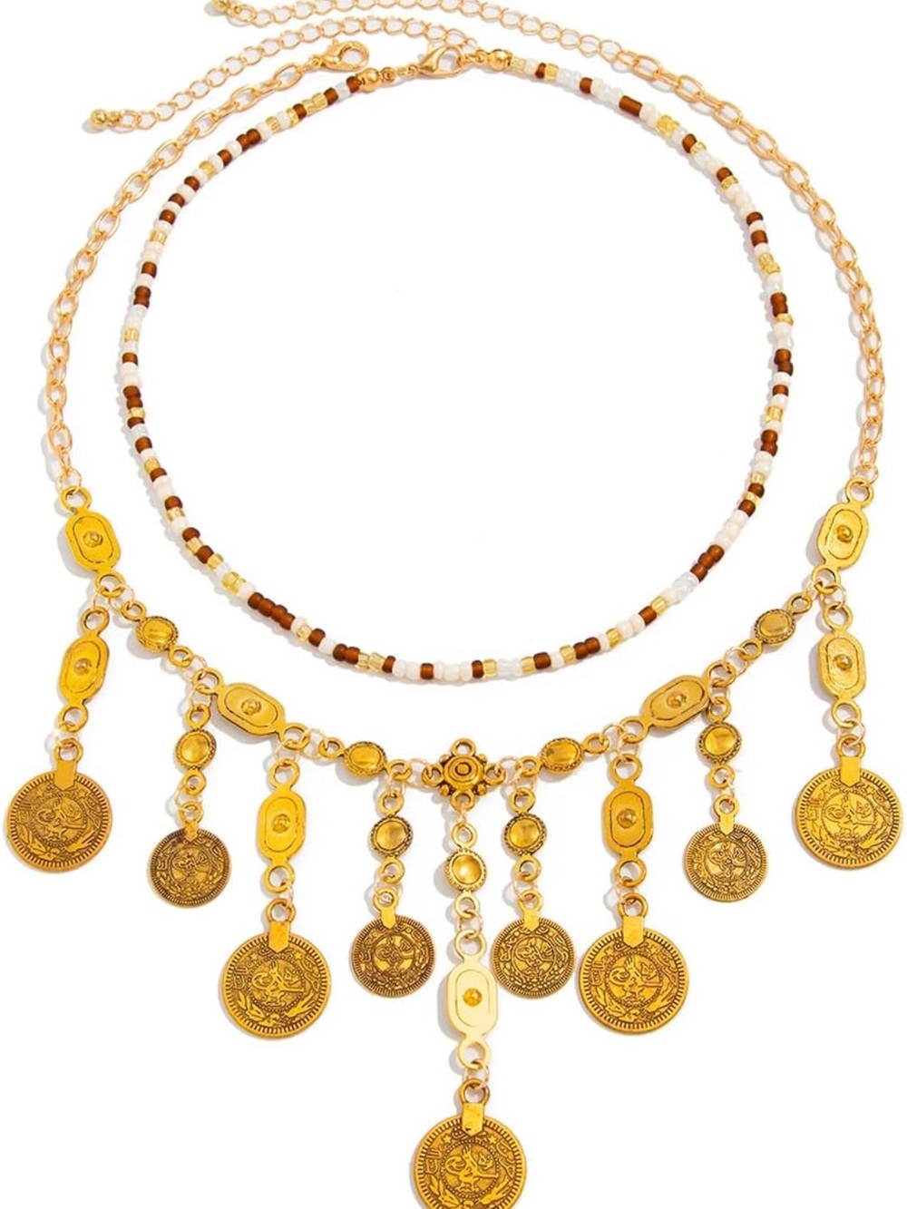 Anthropologie Gold Coin Fringe Layered Necklace with Beaded Choker - Picture 9 of 9